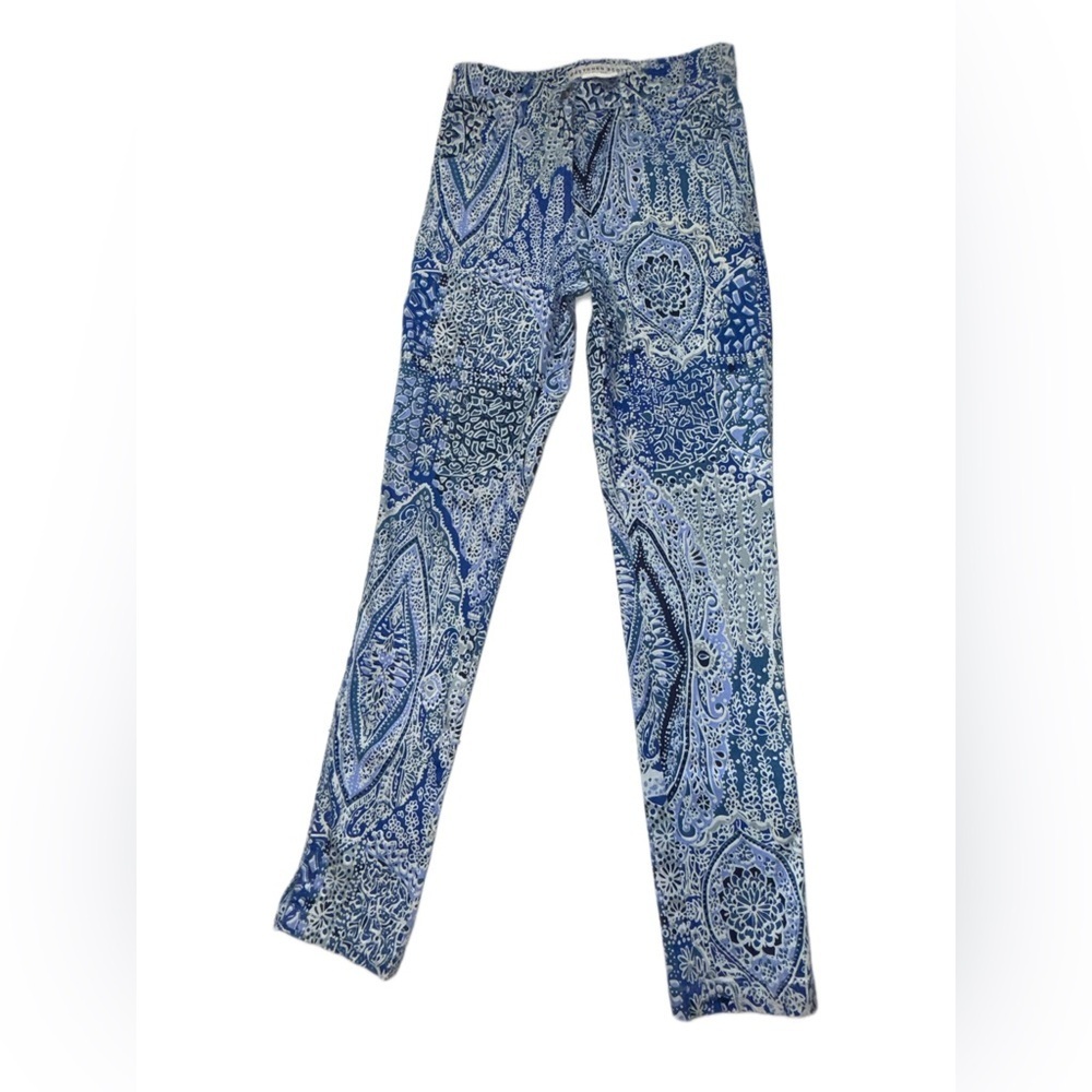 Gretchen Scott Designs Blue Print Stretch Pants Size 00 Shrimp Cotton Skinny - Picture 4 of 7